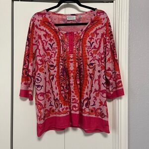 Avenue Womens Pink Orange Paisley Rhinestone Button Top Plus Size 14/16